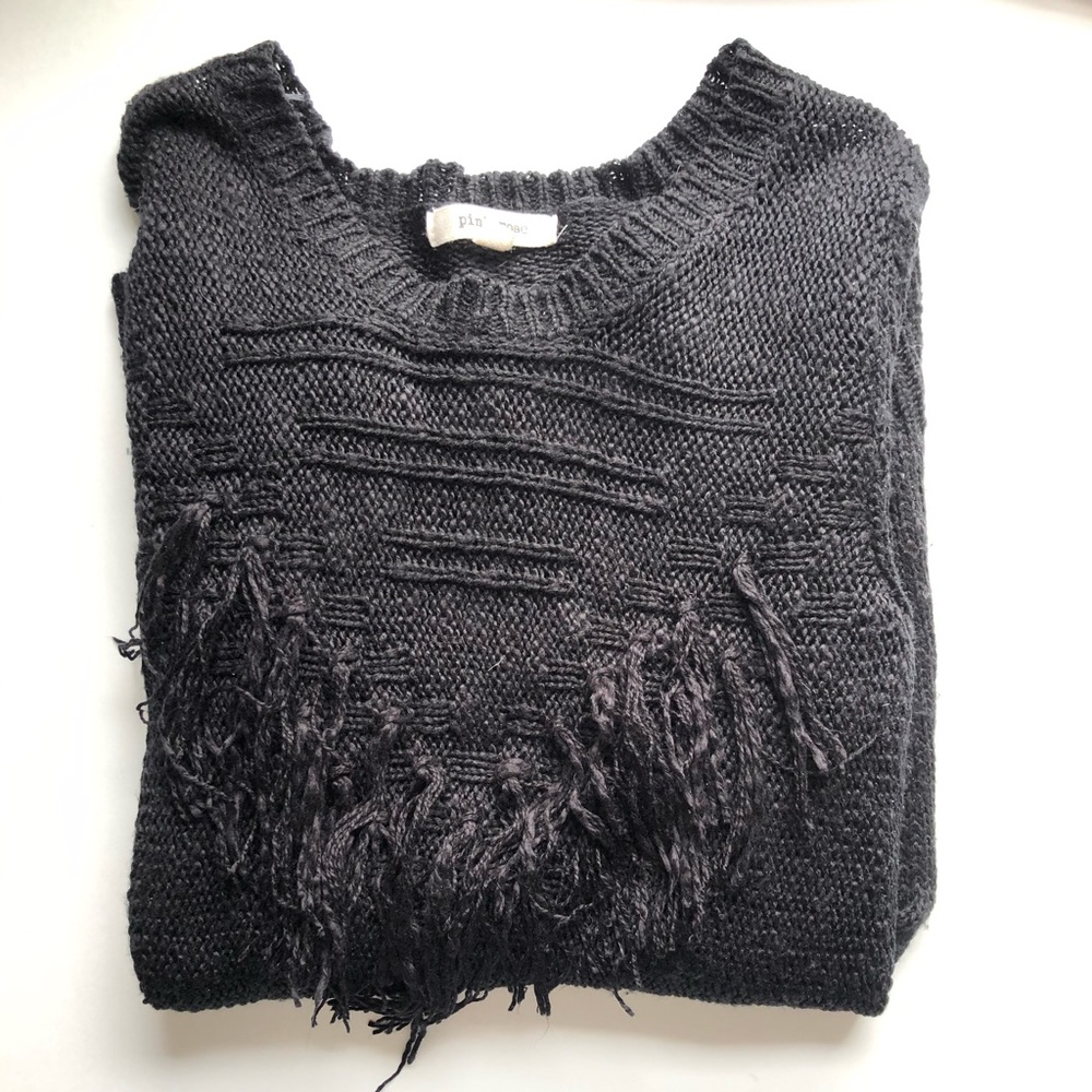 Pink Rose Black Fringe Triangle Sweater